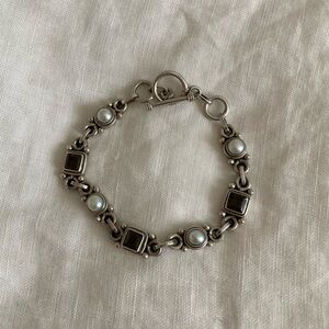 Vintage 1970s Silver Pearl and Brown Gem Chain Bracelet